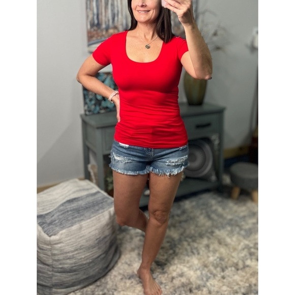 Scoop Neck Basic Boyfriend Short Sleeve Baby Tee Red 0423 - Picture 2 of 6